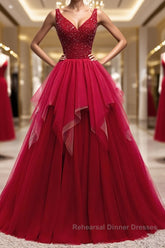 Red V Neck Long Semi Formal Prom Dresses with Corset Back, Red Floor Length Semi Formal Prom Dresses Gown, Evening Dresses